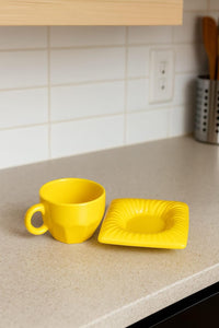 Modern Yellow Ceramic Coffee Cup and Saucer Set, Square Rippled Design