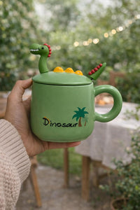Cute Dinosaur Ceramic Coffee Mug with 3D Lid | 450 ml | Premium Ceramic Tea & Coffee Cup | Green Kawaii Mug for Kids, Office & Home