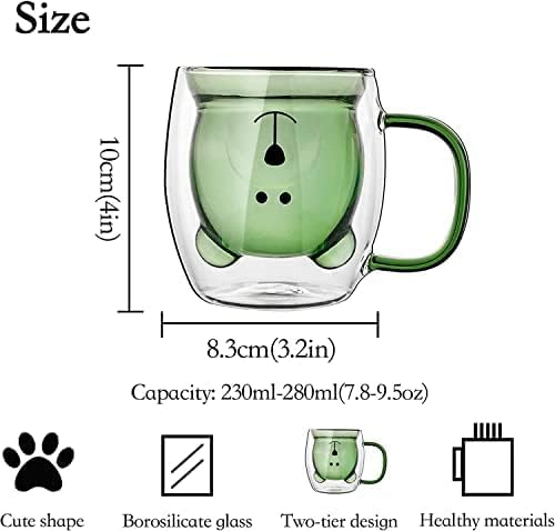 Cute Double Wall Glass Coffee Mug with Handle | Cartoon Animal Transparent Glass Cup | Heat Resistant Tea & Coffee Mug | Gift Mug for Kids, Girls & Office (250ml)
