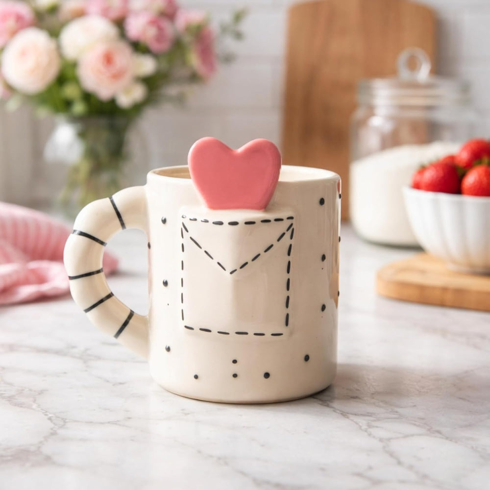 Handmade Pocket Heart Ceramic Mug – Cute Heart Design | Aesthetic Coffee Cup | Microwave & Dishwasher Safe | Premium Pottery Tea Mug | Gift for Coffee & Tea Lovers (Pack of 2)
