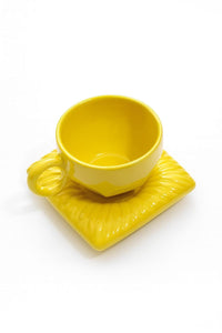 Modern Yellow Ceramic Coffee Cup and Saucer Set, Square Rippled Design