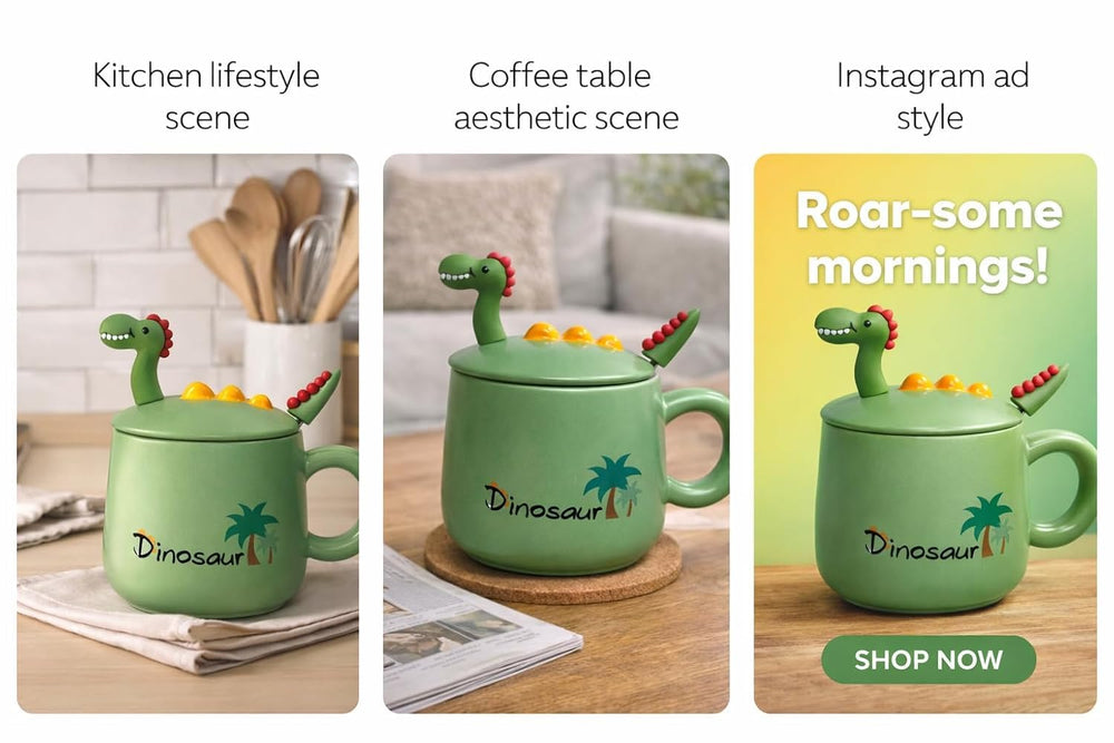 Cute Dinosaur Ceramic Coffee Mug with 3D Lid | 450 ml | Premium Ceramic Tea & Coffee Cup | Green Kawaii Mug for Kids, Office & Home