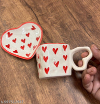 SAJAAO Heart Shape Ceramic Cup & Saucer Set with Crochet Heart Keychain | Valentine Gift for Best Friend, Spouse