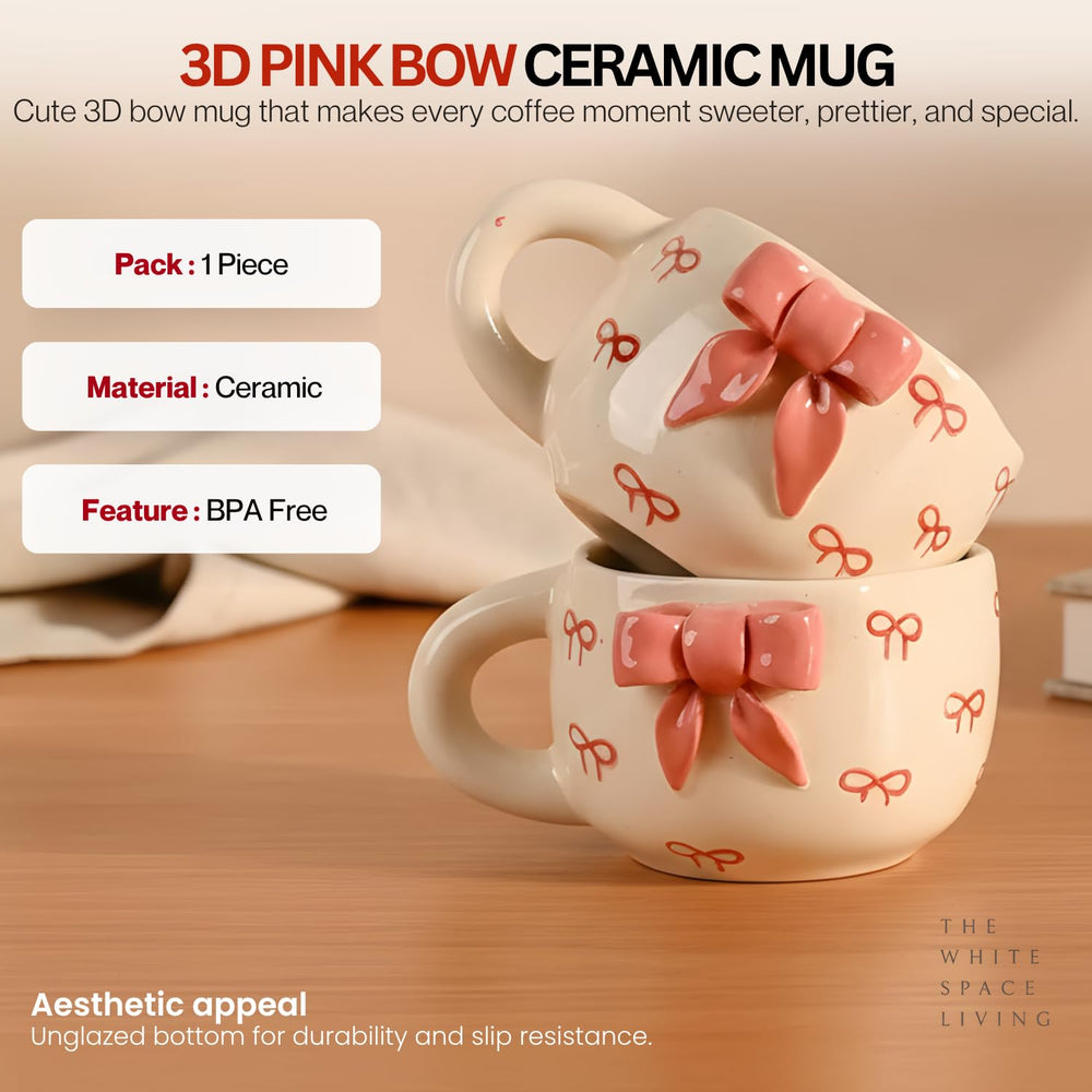 Pink Bow Ceramic Coffee Mug | Cute Coquette Style Tea & Milk Cup for Girls & Women