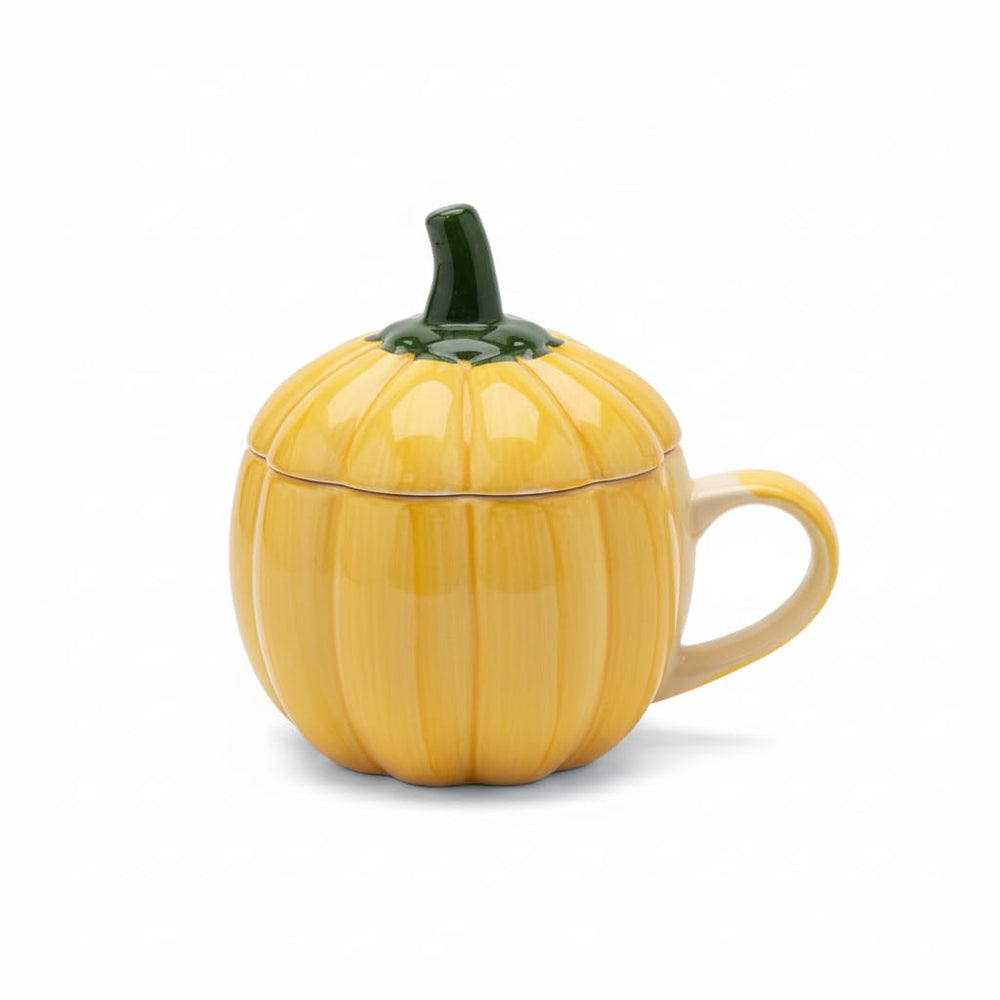 Ceramic Home Ceramic Pumpkin Mug Set of 2 with Lids - 350ml Cute Coffee Cups with Spoons | Festive Autumn Theme Tea Mugs | Multipurpose Jars for Kitchen, Soup, Pickle, Aachar, Chutney & Gifting