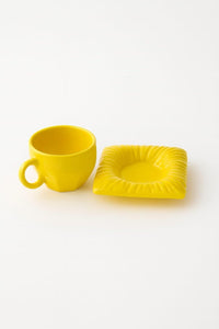 Modern Yellow Ceramic Coffee Cup and Saucer Set, Square Rippled Design