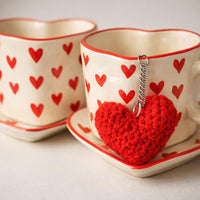 SAJAAO Heart Shape Ceramic Cup & Saucer Set with Crochet Heart Keychain | Valentine Gift for Best Friend, Spouse