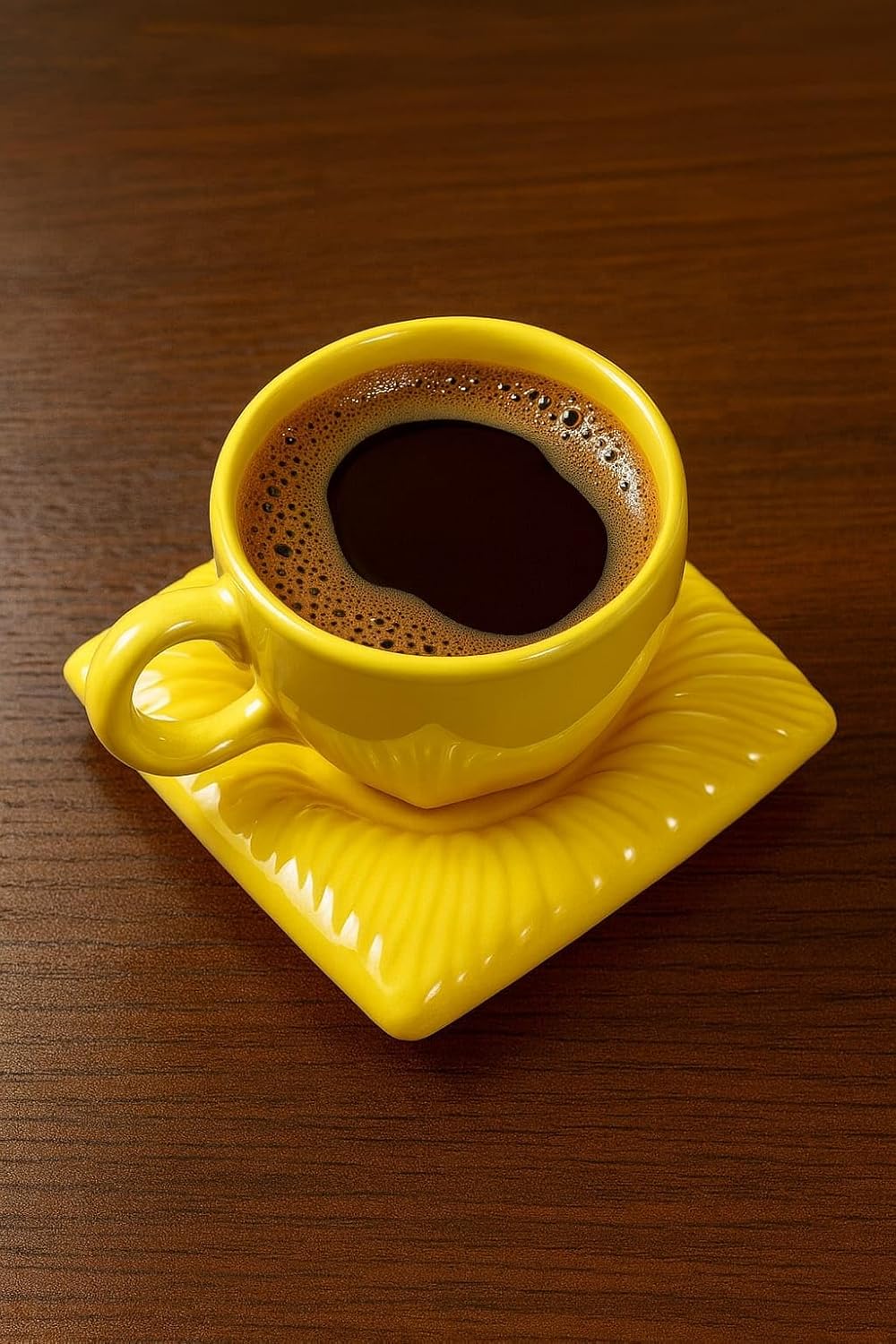 Modern Yellow Ceramic Coffee Cup and Saucer Set, Square Rippled Design