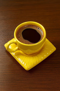 Modern Yellow Ceramic Coffee Cup and Saucer Set, Square Rippled Design
