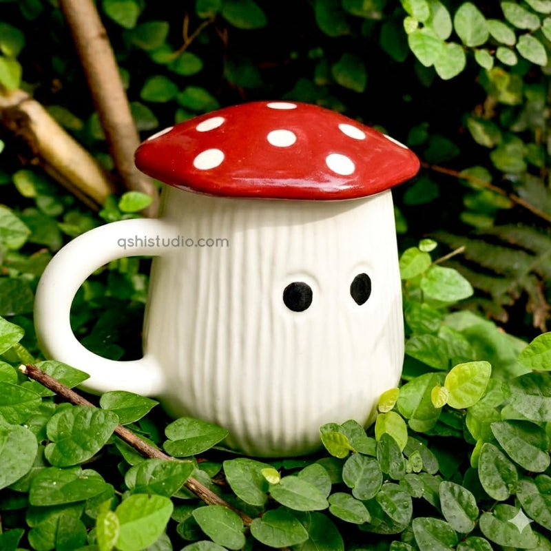MUDMINGLE Cute Mushroom Lid Ceramic Mug Set | 3D Red Mushroom Cover Cups | Aesthetic Milk/Tea/Coffee Mugs (Pack of 1)